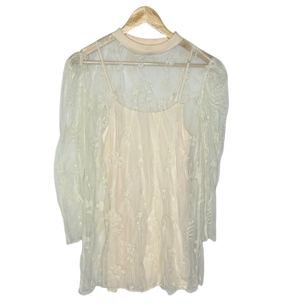 Free People Cecelia Sheer Lace Mini Dress pale pink/ ivory small - Picture 4 of 13